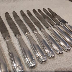 Könnte beinhalten: Ein Set aus zehn silberfarbenen Messern mit einem dekorativen Muscheldesign am Griff. Die Messer sind in einer Reihe angeordnet, die Klingen zeigen nach oben. Die Klingen sind glatt und glänzend und reflektieren das Licht.