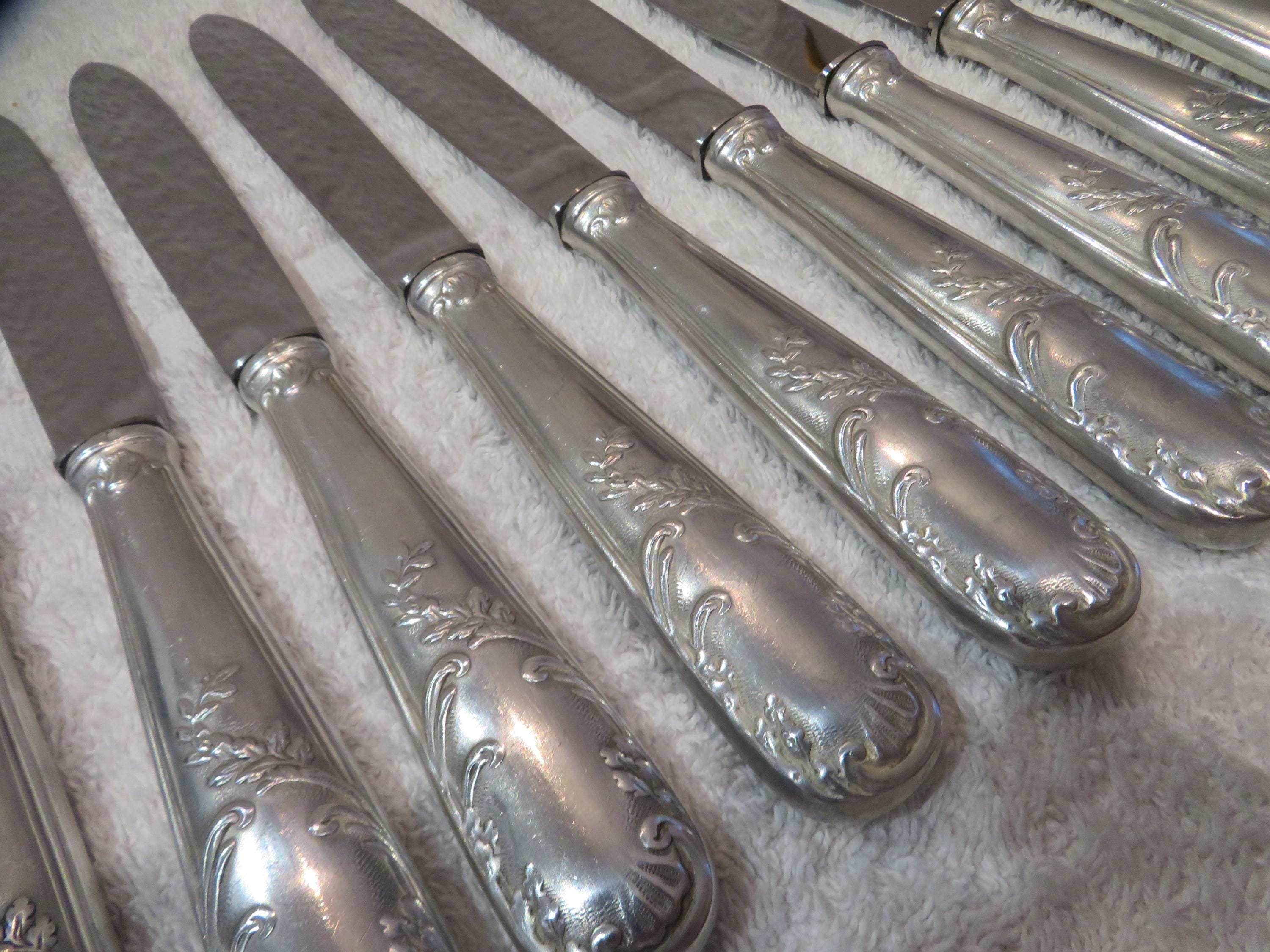 12 Couteaux De Table Argentés Style Louis XV – Rocaille Marly, 25 Cm