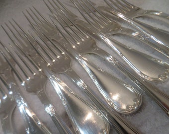 12 silver metal table forks Louis XVI style goldsmith Christofle model Rubans Vintage French silver-plated dinner forks 20.5cm