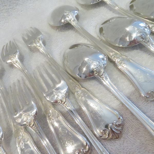 Superbe 12 couverts de table argent 950 Minerve style rococo orfèvre Lappara Gorgeous early 20th c French 950 silver 24p dinner cutlery set