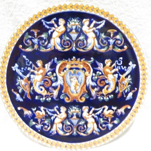 Faience pie dish from Gien stamp 1971 renaissance decor on a blue background Vintage French ceramic round platter 30.9cm