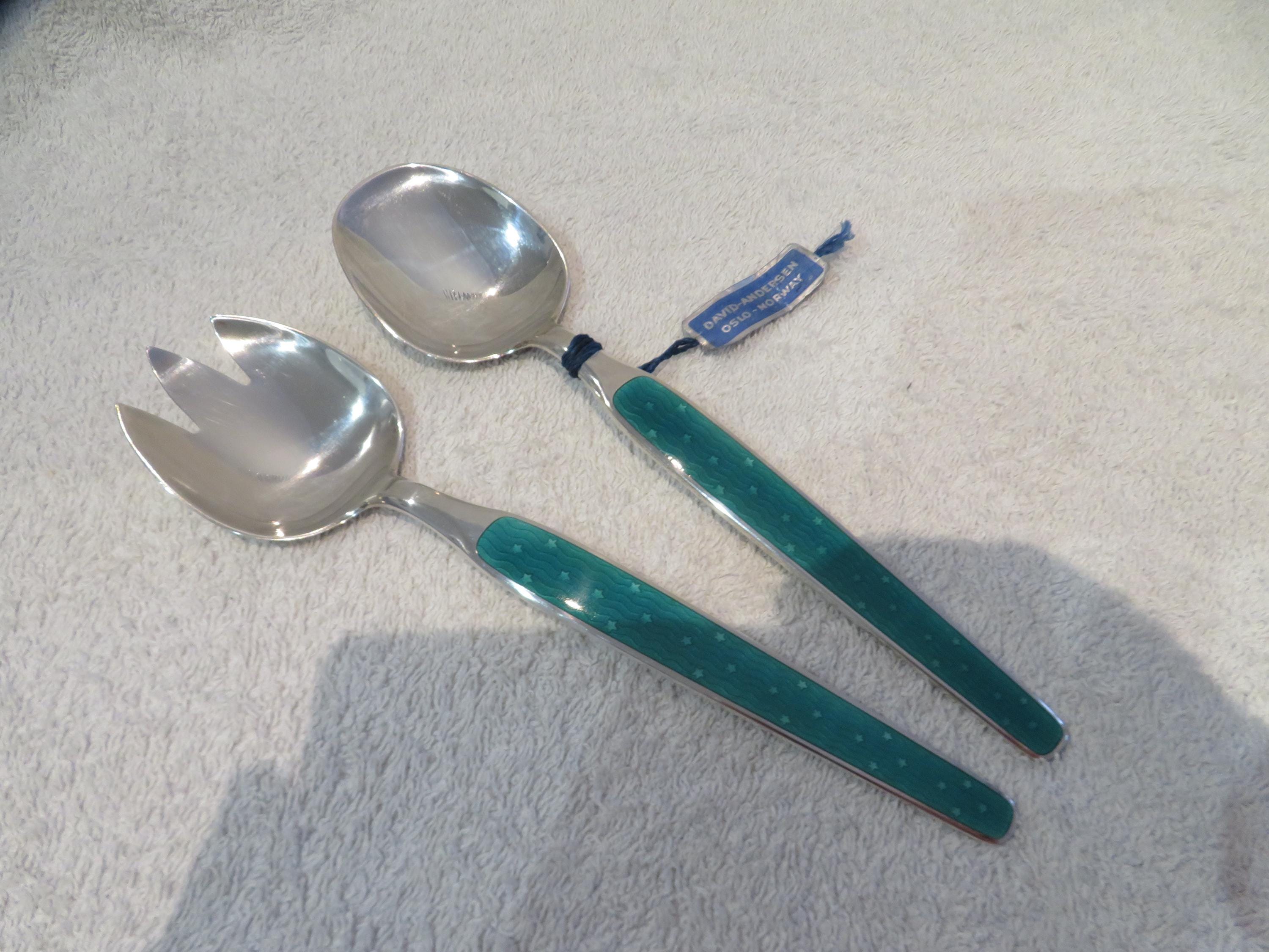 Serving Spoon and Fork Enamel on 925 Silver Norway Goldsmith