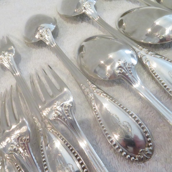 6 couverts de table argent 950 Minerve style Louis XVI modèle perles orfèvre Debain 1900 French 950 silver 12p dinner cutlery set