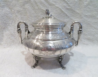 Superbe sucrier argent 950 Minerve guilloche style Louis XVI ? orfèvre Flamant Magnificent 1880 French 950 guilloche silver large sugar bowl