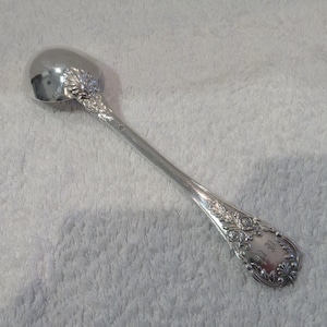 Peut inclure: Une cuillère en argent avec un manche orné et un bol arrondi. Le manche est décoré de motifs floraux et le bol est légèrement bosselé.