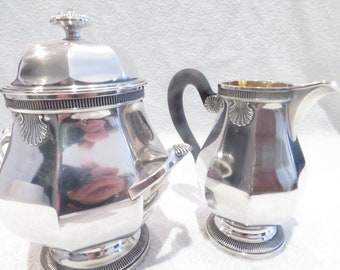 Beau sucrier et crémier argent 950 Minerve style Louis XIV décor godrons et coquille orfèvre QG? 1930 French 950 silver creamer & sugar bowl