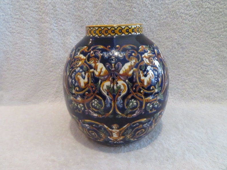 French pottery vase Vase ball faience of Gien decoration Renaissance Italian background blue stamp 1938
