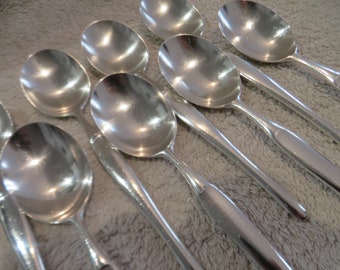 8 cuillères à soupe métal argenté orfèvre Christofle mod Duo Tapio Wirkkala 1960 French silver-plated soup spoons 19,1cm