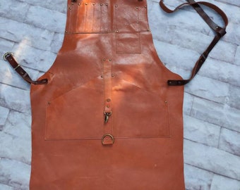 Leather Work Apron with Brass Buckles and pockets, Geniune Leather Apron, Perfect as a Welding, Kitchen and BBQ Apron, flame resistant