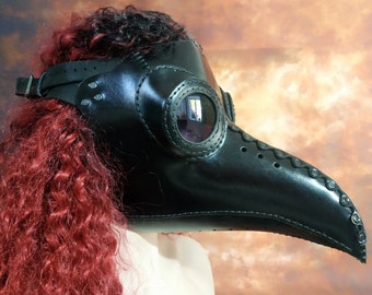 Plague Doctor Black Mask Leather with dark lenses, Medieval Bird Mask, Steampunk Masquerade Halloween Mask, Plague Dr Mask in Leather