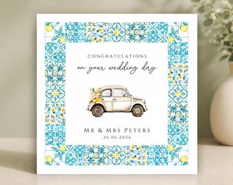 Tarjeta de boda personalizada • Tarjeta de boda con azulejos italianos • Tarjeta de boda griega, Santorini • Boda de destino de verano • Tarjeta de recién casados •