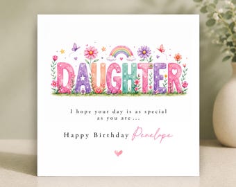 Tarjeta de cumpleaños personalizada para hija • Tarjeta de cumpleaños con nombre para hija • Tarjeta para niña pequeña • Regalo especial para hija • Arcoíris caprichosos