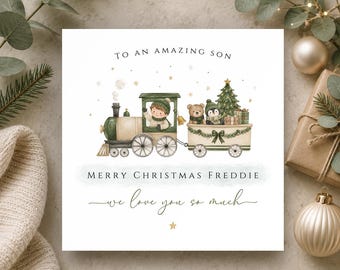 Tarjeta de Navidad para niños • Regalo para hijo, sobrino, nieto o ahijado • Lindo tren navideño • Tarjeta navideña festiva para niños pequeños • Recuerdo especial