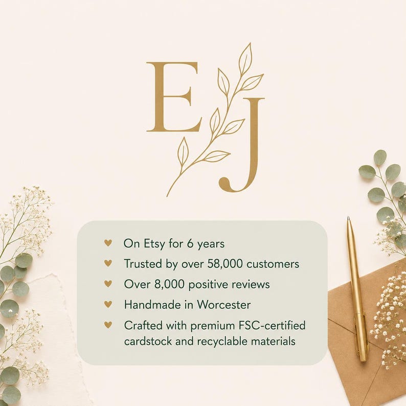 Puede incluir: Un gr&aacute;fico con las letras doradas E y J separadas por una rama. Debajo, un recuadro verde claro enumera: On Etsy for 6 years, Trusted by over 58,000 customers, Over 8,000 positive reviews, Handmade in Worcester, FSC-certified cardstock.