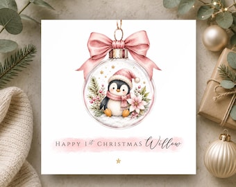 Tarjeta de Navidad para niña • Primera Navidad de bebé, hija, nieta, sobrina • Tarjeta con adorno de pingüino • Recuerdo para bebé •