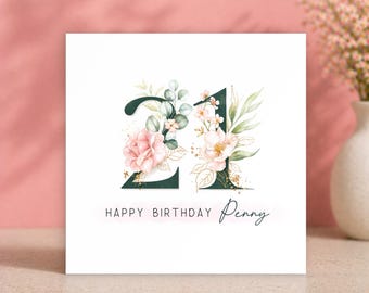 Tarjeta de cumpleaños número 21 personalizada para ella • Veintiuno • Tarjeta de cumpleaños floral • Regalo de cumpleaños número 21 para amigas • Tarjeta de hito con diseño de acuarela