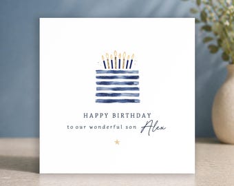 Tarjeta de cumpleaños para hijo • Tarjeta personalizada para hombre • Diseño de pastel azul • De padres a hijo • Tarjeta de mamá a hijo • De papá a hijo • Feliz cumpleaños para hombre