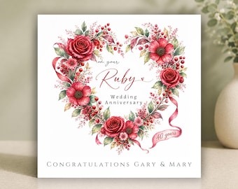 Tarjeta personalizada para el 40.º aniversario de bodas de rubí • Regalo para celebrar un hito matrimonial • Tarjeta roja de aniversario para parejas especiales, padres y abuelos