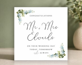 Tarjeta de boda floral • Tarjeta de boda personalizada de lujo • Felicitaciones a los novios • Recuerdo de boda para la pareja • Diseño caligráfico