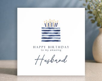 Tarjeta de cumpleaños para esposo • Tarjeta de cumpleaños minimalista para hombre • Regalo de cumpleaños para pareja o cónyuge • Marido • Tarta de cumpleaños azul • Tarjeta sencilla para hombre