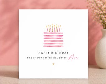 Tarjeta de cumpleaños rosa con diseño de pastel para hija • Tarjeta para adolescente • Feliz día del pastel • Diseño de pastel de cumpleaños • Tarjeta de cumpleaños rosa para hija