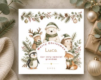 Tarjeta de Navidad para el nieto • Primera Navidad del nieto • Divertida tarjeta infantil con animales del bosque • Tarjeta de recuerdo de los abuelos • Tarjeta infantil