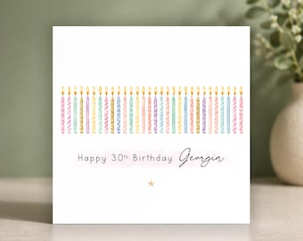 Tarjeta de cumpleaños número 30 personalizada para ella • Tarjeta de treinta para hija, amiga o hermana • Velas de cumpleaños • Tarjeta de lujo para el trigésimo cumpleaños • Tarjeta para mujer