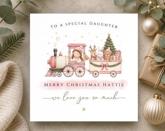Tarjeta de Navidad personalizada para niñas • Tarjeta para hija, sobrina, nieta, ahijada • Tren navideño • Tarjeta navideña festiva para niña pequeña
