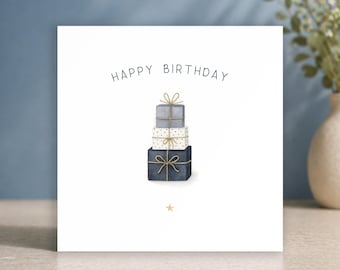 Happy Birthday Card for Him • Mens Birthday Card • Card For Boys • Minimalist Bday Card • Blue Present Stack • Son, Dad, Uncle, Brother Card