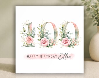 Tarjeta de cumpleaños número 100 personalizada para ella • Tarjeta para celebrar un hito importante para mujeres • Regalo floral para ella • Tarjeta de lujo para una edad especial • Cumpleaños del centenario
