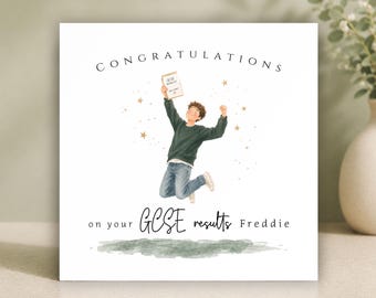 Tarjeta de felicitación personalizada con los resultados del GCSE para él, niño • Felicitaciones por los exámenes de 2026 • Tarjeta de graduación • Tarjeta de felicitación • Hijo, nieto, sobrino
