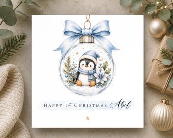 Tarjeta personalizada para la primera Navidad de un niño • Primera Navidad del bebé, hijo, nieto, sobrino • Tarjeta con un bonito adorno de pingüino • Recuerdo para el bebé