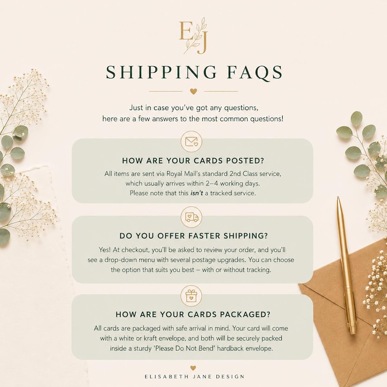 Puede incluir: Un gr&aacute;fico informativo titulado SHIPPING FAQS con el logotipo EJ. Presenta tres secciones con iconos que responden preguntas sobre env&iacute;os, opciones de env&iacute;o r&aacute;pido y m&eacute;todos de embalaje, decorado con delicadas ramas florales y un bol&iacute;grafo dorado.