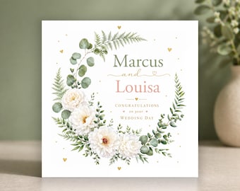 Tarjeta de boda floral personalizada • Tarjeta de boda de lujo • Recuerdo de felicitación para los novios • Corona de follaje de eucalipto