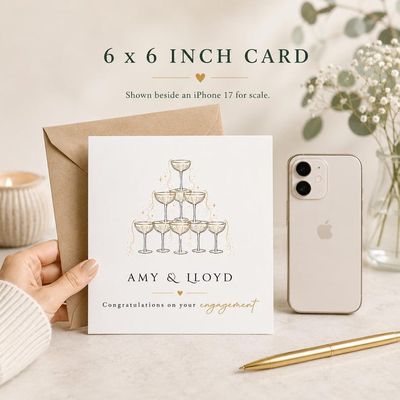 Puede incluir: Una tarjeta de felicitaci&oacute;n cuadrada de 15,24 x 15,24 cm con una ilustraci&oacute;n en tinta dorada de una torre de copas de champ&aacute;n. El texto dice AMY & LLOYD y Congratulations on your engagement. La tarjeta incluye un sobre kraft y un smartphone.