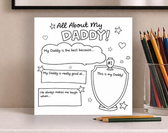 Tarjeta para colorear "Todo sobre mi papá" • Tarjeta de cumpleaños personalizada para papá de parte de un niño pequeño • Tarjeta del Día del Padre • Manualidades con tarjetas para niños • Hecha a mano