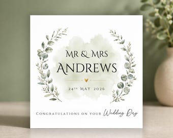 Tarjeta de boda personalizada con follaje de eucalipto • Tarjeta de boda de lujo • Felicitaciones a los novios • Regalo de boda de primavera/verano