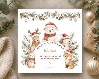 Tarjeta de Navidad para mi nieta • Primera Navidad de mi nieta • Divertida y tierna tarjeta infantil con animales del bosque • Tarjeta de recuerdo de los abuelos