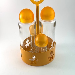ALESSI condiment set Girotondo King Kong KK29 O orange, oil vinegar salt pepper, cruet set, vintage