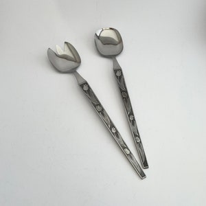 Mid century stainless steel tulip pattern salad servers vintage, MCM serving flatware, Japan