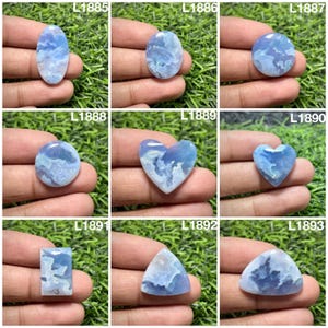 May include: A collection of nine polished blue chalcedony gemstones in various shapes including oval, round, heart, rectangular, and triangular, each featuring unique white cloud-like patterns and labeled with codes L1885 through L1893.