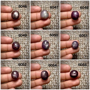 Op de afbeelding: Een verzameling van negen individuele cabochon edelstenen, elk gelabeld met een uniek identificatienummer van 6046 tot 6055. Deze gepolijste, afgeronde stenen vertonen verschillende tinten diep paars, roodachtig roze en grijs met sterachtige lichtreflecties.