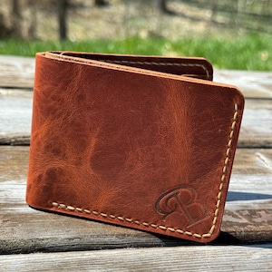 Cartera plegable de piel de grano completo hecha a mano