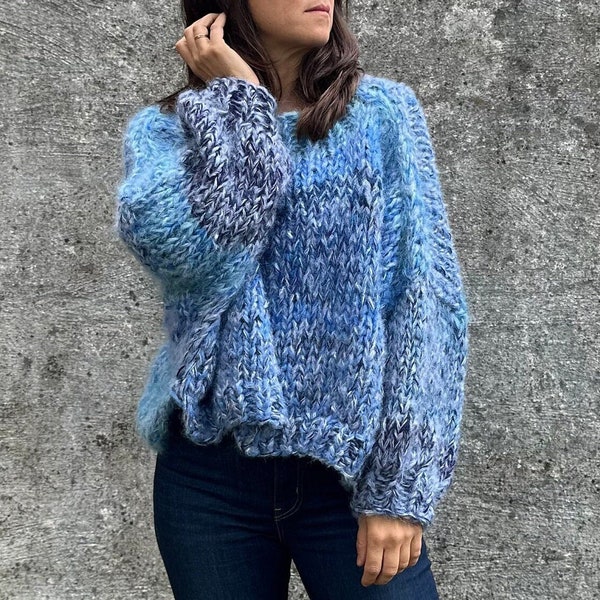 Mohairsweater, ein handgestricktes Einzelstück, Restestrick, unisex, loosefit, Blau