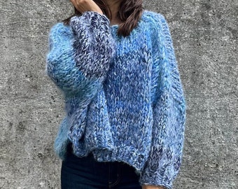 Mohairsweater, ein handgestricktes Einzelstück, Restestrick, unisex, loosefit, Blau