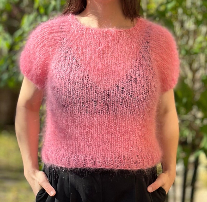 hand-knitted mohair sweater, mohair shirt, unique piece, raglan sweater, knitwear, short sleeve, sweater, summer image 2