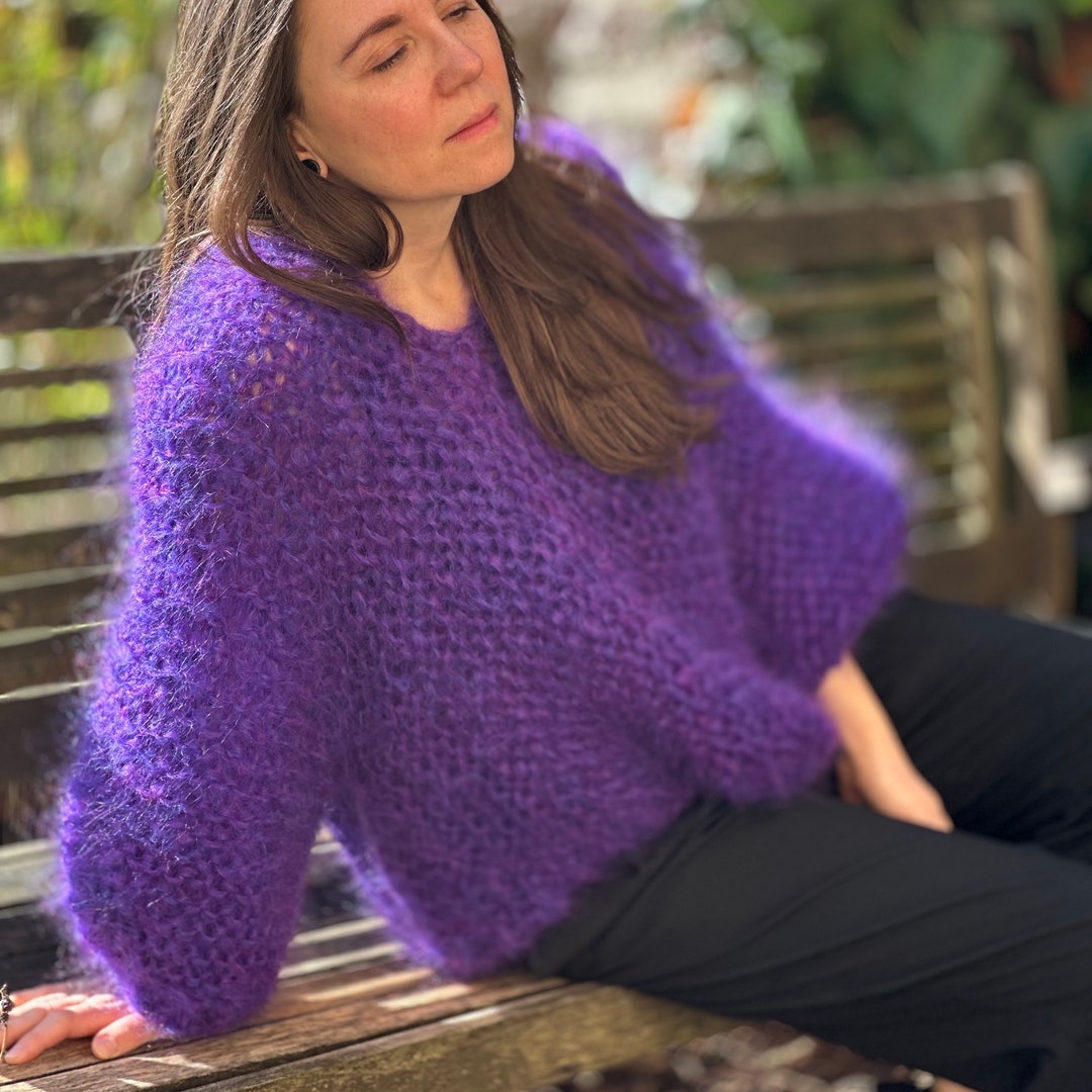 Hand-knitted Mohair Sweater in Bright Purple – A Unique Piece, Chunky Knit 