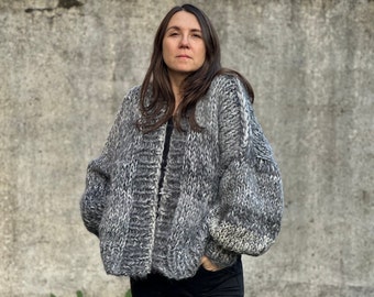 Mohair cardigan, hand-knitted unique piece, gray, glitter, shawl collar