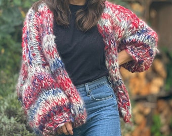 Mohair cardigan, hand-knitted unique piece, color gradient, vintage mohair