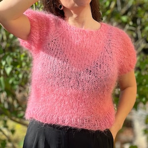 hand-knitted mohair sweater, mohair shirt, unique piece, raglan sweater, knitwear, short sleeve, sweater, summer image 3